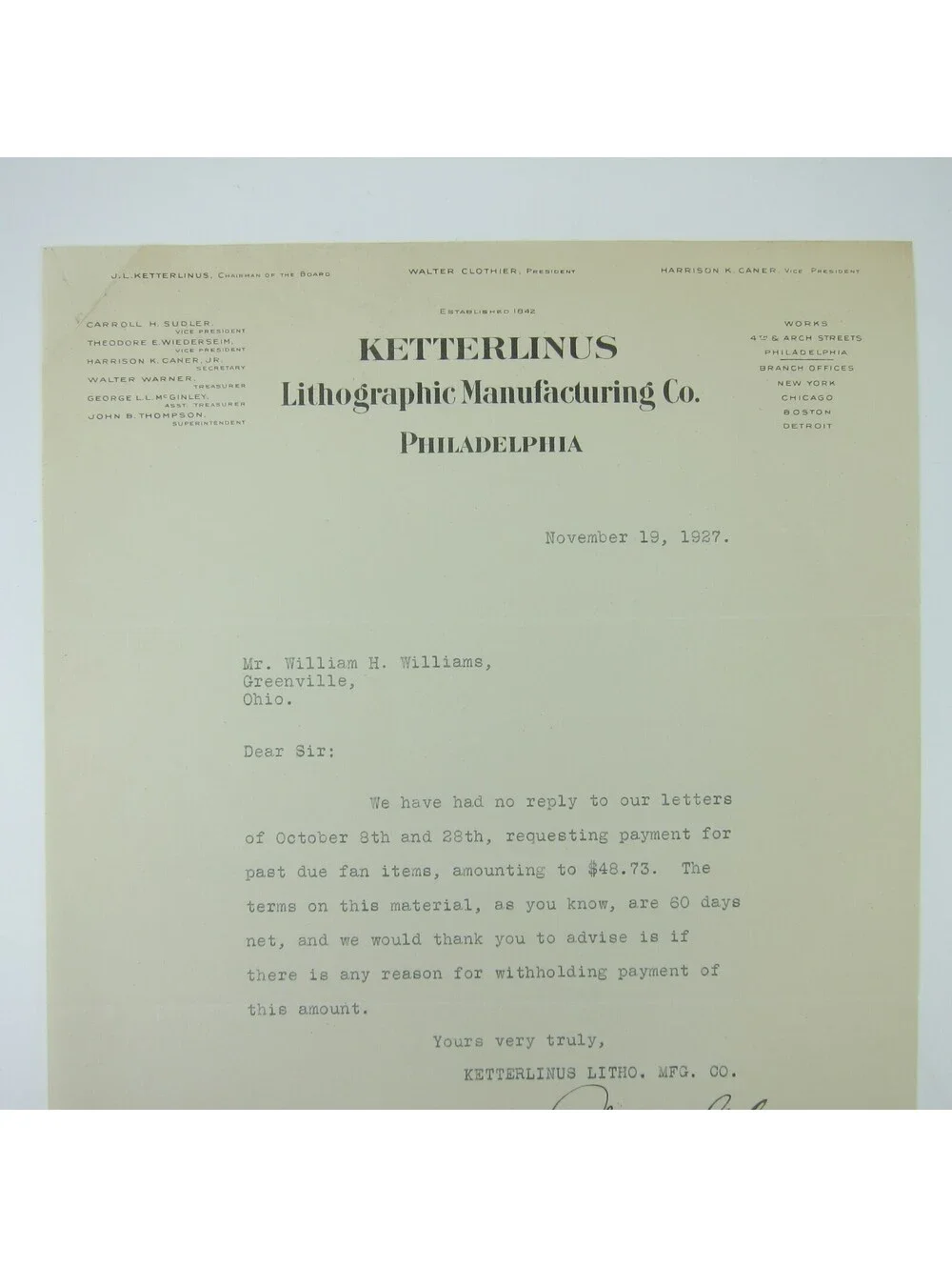 Vintage 1927 Letterhead Ketterlinus Lithographic Manufacturing Philadelphia PA